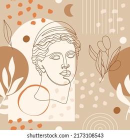 Seamless pattern with antique sculpture of Artemis, abstract terracotta shape, plants, vases and moon symbol. Editable vector illustration for wrapping paper, packaging, fabric, wallpaper etc. 