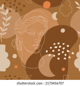 Seamless pattern with antique sculpture of Artemis, abstract terracotta shape, plants, vases and moon symbol. Editable vector illustration for wrapping paper, packaging, fabric, wallpaper etc. 