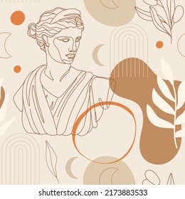 Seamless pattern with antique sculpture of Artemis, abstract terracotta shape, plants, vases and moon symbol. Editable vector illustration for wrapping paper, packaging, fabric, wallpaper etc. 