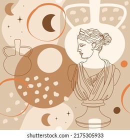 Seamless pattern with antique sculpture of Artemis, abstract terracotta shape, plants, vases and moon symbol. Editable vector illustration for wrapping paper, packaging, fabric, wallpaper etc. 