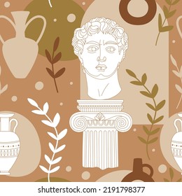 Seamless pattern with antique sculpture of Michelangelo's David portrait, abstract shape, plants, sun, amphora and olive branch. Vector illustration for wrapping paper, packaging, fabric etc.