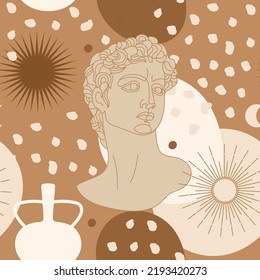 Seamless pattern with antique sculpture of Michelangelo's David portrait, abstract shape, plants, sun, amphora and olive branch. Vector illustration for wrapping paper, packaging, fabric etc.