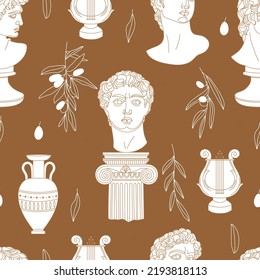 Seamless pattern with antique sculpture of Michelangelo's David portrait, abstract shape, plants, sun, amphora and olive branch. Vector illustration for wrapping paper, packaging, fabric etc.