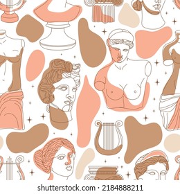 Seamless pattern with antique statues, abstract shape, lira, column and star. Editable vector illustration for wrapping paper, packaging, fabric, wallpaper etc. 