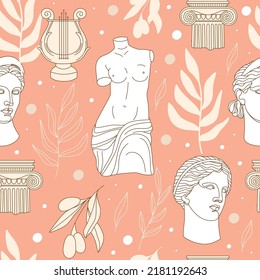 Seamless pattern with antique statues, lyre, column, abstract terracotta shape and olive branch. Editable vector illustration for wrapping paper, packaging, fabric, wallpaper etc. 