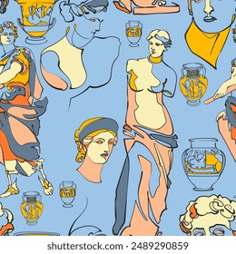 Nahtloses Muster mit antiken Statuen und Skulpturen. Vektorillustration.