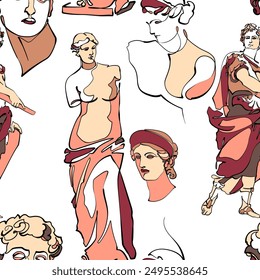Patrón sin fisuras con estatuas y esculturas antiguas. Ilustración vectorial.