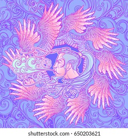 Seamless Pattern. Antique style cartography wind icon. Male head blowing wind surrounded by bird wings arranged in circle. Decorative element for tattoo textile prints. EPS10 vector illustration