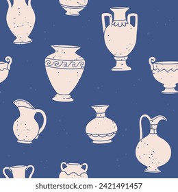 Seamless pattern antique vases. Background with ceramic pot, pottery vase, various jug. Wallpaper with abstract silhouettes amphora shape. Vector texture. Jar and ancient geek ware