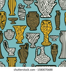 Seamless pattern with antique vases. Dish background. Greek and roman amphoras and vessels for food, wine, grain, oil and incense. 