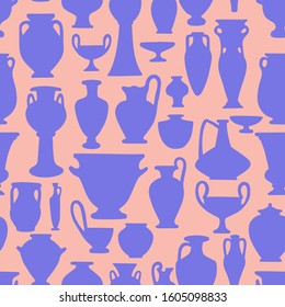 Seamless pattern with antique vases shapes and silhouettes. Vintage crockery background. Greek and roman amphoras and vessels for food, wine, grain, oil and incense. 
