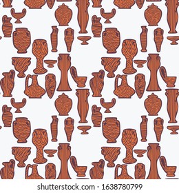 Seamless pattern with antique vases shapes and silhouettes. Vintage objects background. Greek and roman amphoras and vessels for food, wine, grain, oil and incense. 