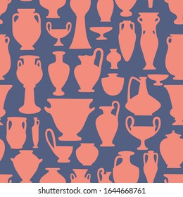 Seamless pattern with antique vases shapes and silhouettes. Vintage crockery background. Greek and roman amphoras and vessels 