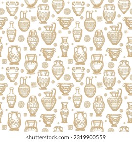 Seamless pattern with antique vases sketch. Set of clay crockery.
Decorative seamless pattern with terracotta vases of different shapes and sizes. Background with of jugs, vessels. 