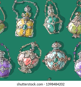 Seamless pattern with antique vintage boho bohemian perfume bottles, perfume flacon