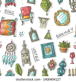 Seamless pattern with antique vintage boho bohemian set illustration with mirror, candlestick, antique chair, macrame, lamp, chandelier, dream catcher, picture in frame, Mexican heart, all-seeing eye