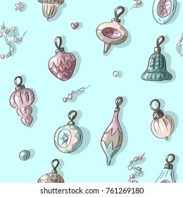 Seamless pattern with antique vintage christmas toys balls