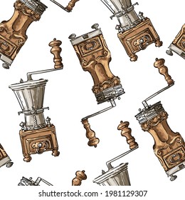 Seamless pattern with antique vintage coffee grinder