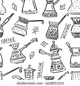 Seamless pattern with antique vintage coffeepots, kitchenware