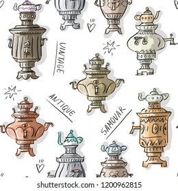 Seamless pattern with antique vintage samovars teapots