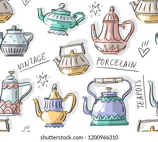 Seamless pattern with antique vintage teapots