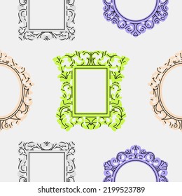 Seamless pattern with antique vintage wooden frames. Different shapes. Luxury design, royal or museum interiors concept. Hand drawn vector illustration. Print, fabric, wrapping paper etc.