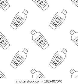 Patrón sin foco con manos antisépticas. Producto de higiene personal. El dispensador de anís desinfecta, protege las bacterias del coronavirus. Fondo y textura del contorno vectorial en forma de doodle plano aislado