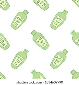 Seamless pattern with antiseptic hands. Personal hygiene product. Sanitizer dispenser disinfects, protects coronavirus bacteria. Vector outline background and texture in flat doodle style isolated
