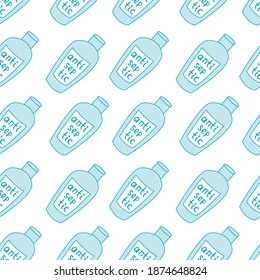 Nahtloses Muster mit antiseptischen Händen. Persönliches Hygieneprodukt. Sanitizer-Dispenser desinfiziert, schützt Koronavirus-Bakterien. Vektorgrafik-Hintergrund und Textur im flachen Doodtil einzeln