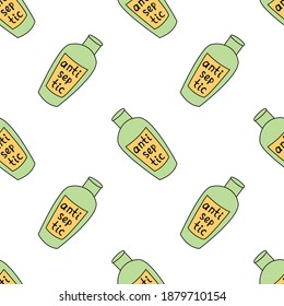 Seamless pattern with antiseptic hands. Personal hygiene product. Sanitizer dispenser disinfects, protects coronavirus bacteria. Vector outline background and texture in flat doodle style isolated