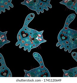 Seamless pattern. Antistress for adults and children. Draught in black, blue and white colors. The work was done in manual mode. Coloring book. Zentangl. A sleeping cat surrounded by flowers. Vector.