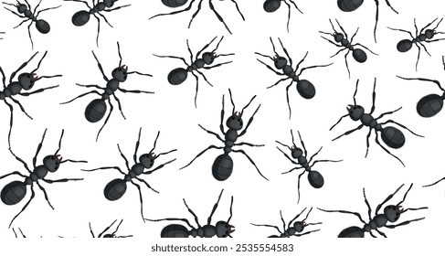 Padrão contínuo de formigas. Formiga negra realista sobre fundo branco. Caminho e formigas. Vetor.