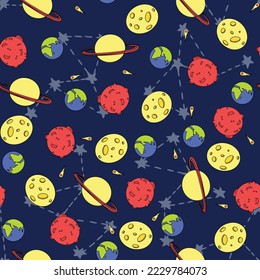 Seamless pattern with any planets and another space elements. Vector illustration.