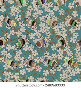 Seamless pattern of the aphid insects on floral background. Vector illustration.