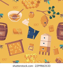 Seamless Pattern With Apiary Items Features Bees, Hives, Frame, Wax And Honeycombs Arranged In A Repeating Design