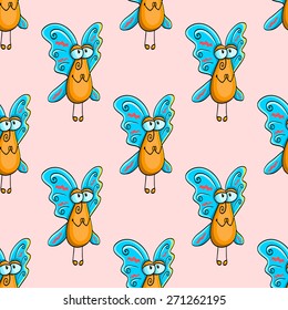 seamless pattern with appealing  cartoon butterfly on pink background