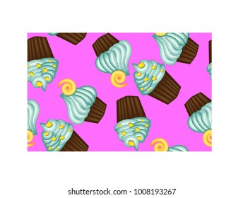 Seamless pattern of appetizing cupcakes with blue cream