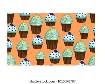 Seamless pattern of appetizing cupcakes with blue cream