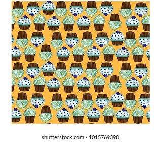 Seamless pattern of appetizing cupcakes with blue cream