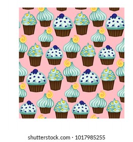 Seamless pattern of appetizing cupcakes with blue cream