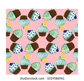 Seamless pattern of appetizing cupcakes with blue cream