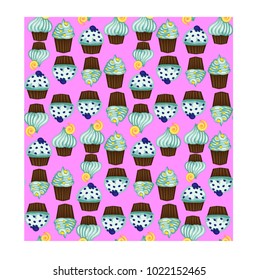 Seamless pattern of appetizing cupcakes with blue cream