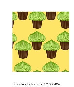 Seamless pattern of appetizing cupcakes with green cream and mint