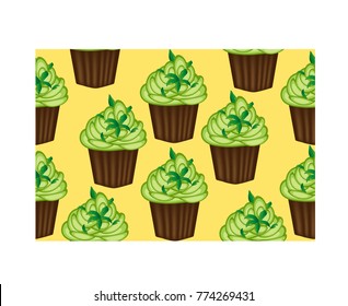 Seamless pattern of appetizing cupcakes with green cream and mint