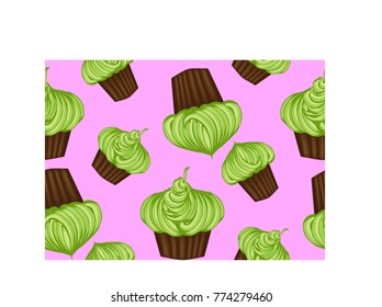 Seamless pattern of appetizing cupcakes with green cream and mint