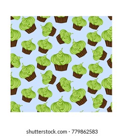 Seamless pattern of appetizing cupcakes with green cream and mint