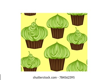 Seamless pattern of appetizing cupcakes with green cream and mint