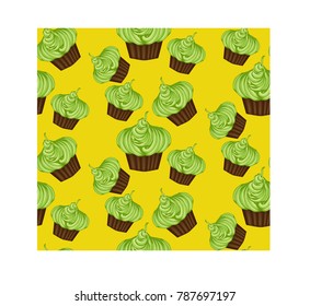 Seamless pattern of appetizing cupcakes with green cream and mint