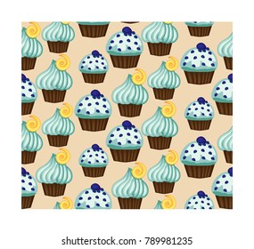 Seamless pattern of appetizing cupcakes with green cream and mint