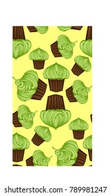 Seamless pattern of appetizing cupcakes with green cream and mint